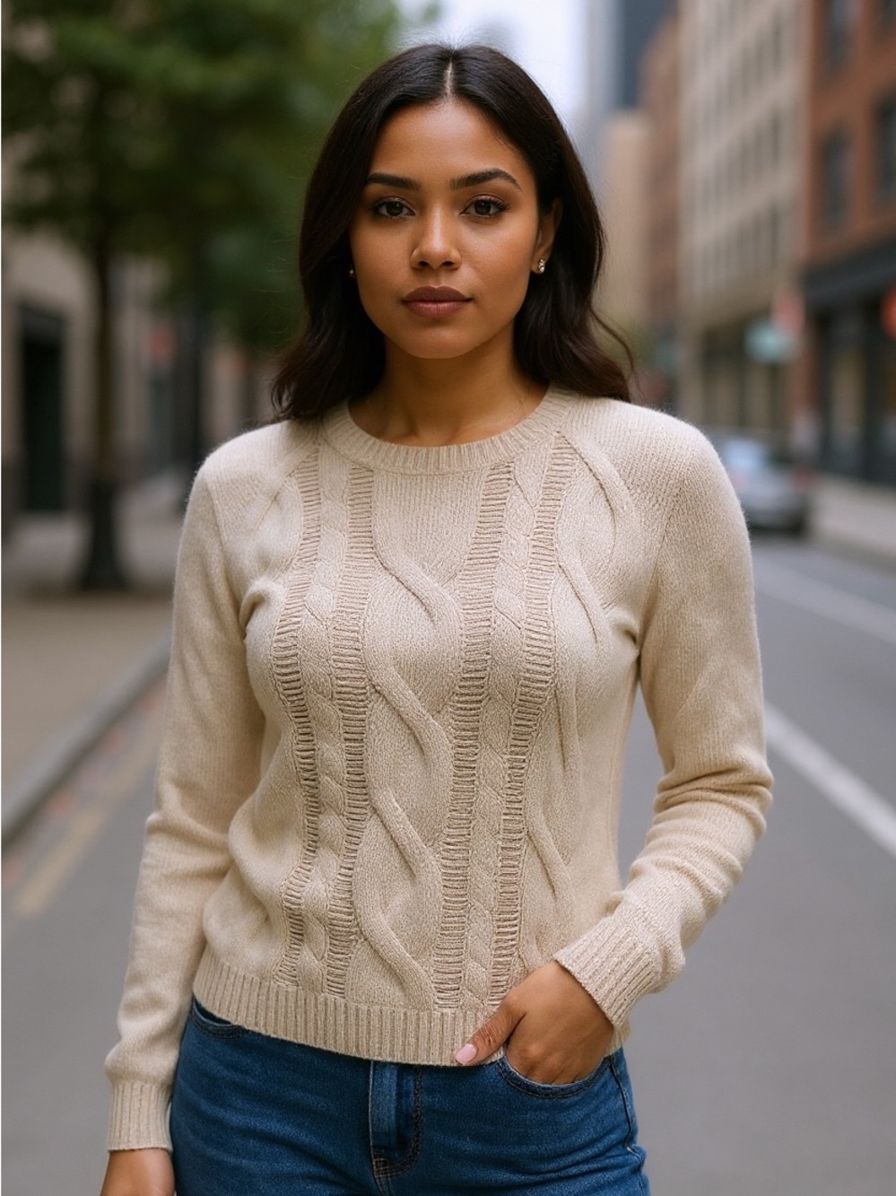 Rock & Republic‎ S cream/metallic distressed cable knit crew neck sweater